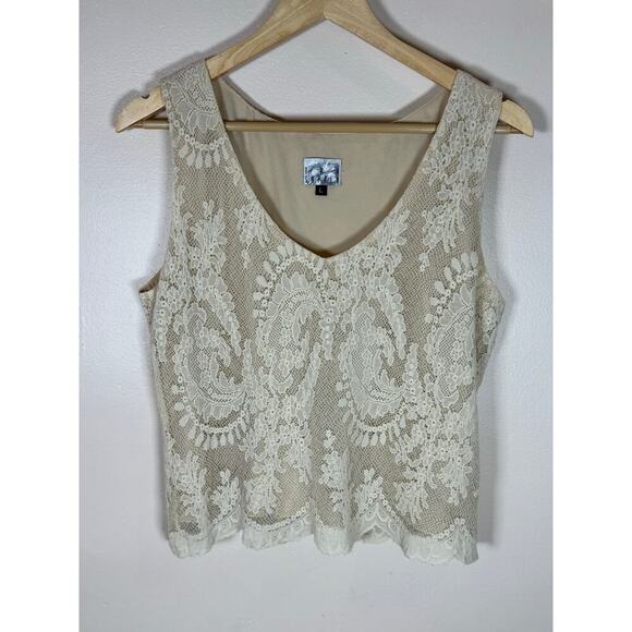 Vintage Y2K 90s Cropped Lace Tank Cami Mesh Stretch Lace Large Cream Cottage - Picture 1 of 7